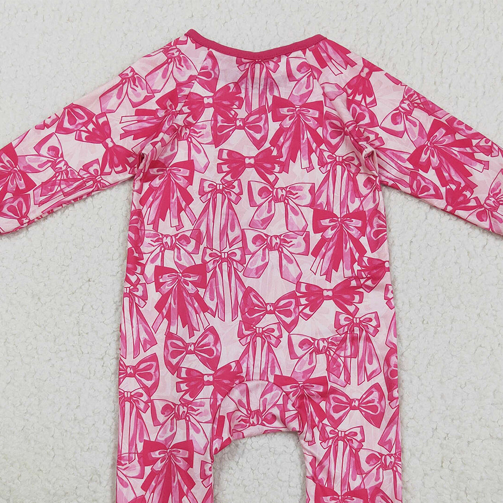 8.20 RTS NO MOQ （In stock）LR2365 Baby Girls Winter Rompers Baby Girls Long Sleeves Pink Bows Zipper Footie Rompers