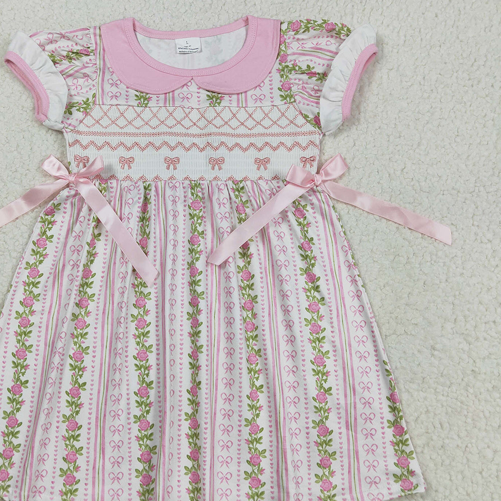 RTS NO MOQ （In stock）GSD2717 Baby Girls Summer Dress Smocked Embroidery Bows Baby Girls Flowers Stripe Knee Length Dresses