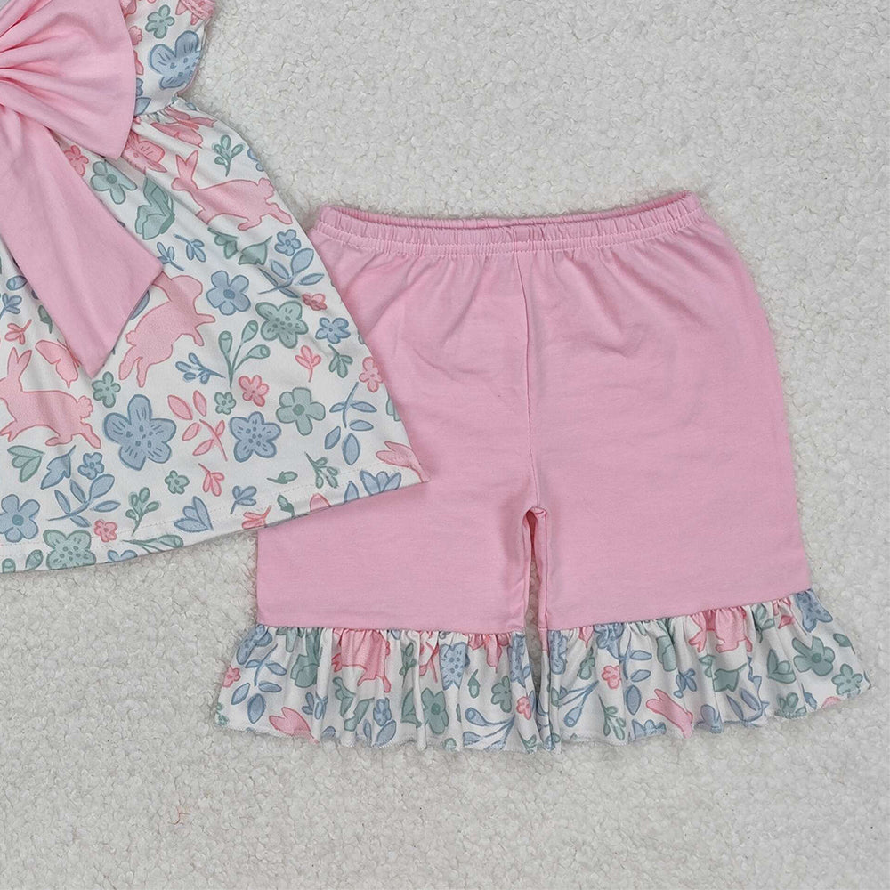 GSSO1881Girls Pink Ruffle Floral Bunny Tunic Short Set Easter Outfit Spring Clothing Toddler Kids Animal Print Headband Included