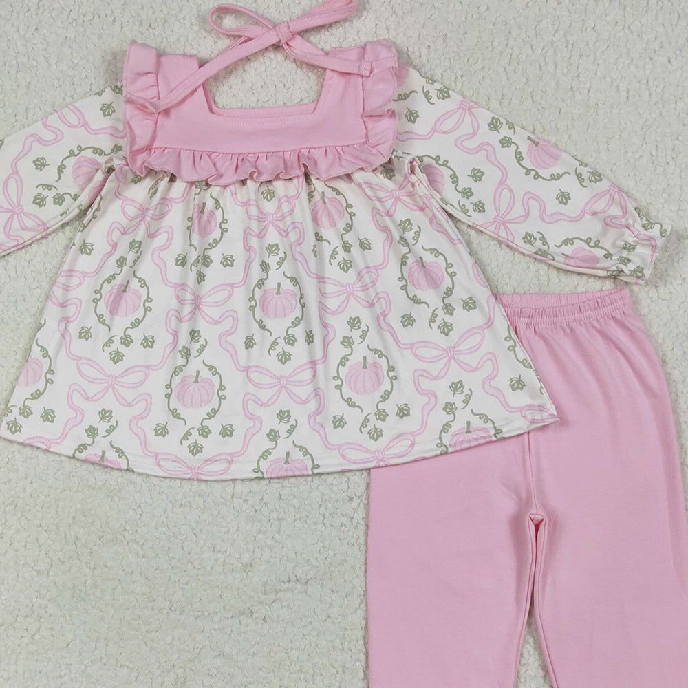 BT1256 RTS NO MOQ Baby Girls Winter Outfits Baby Girls Fall Pumpkins Bows Plaid Tunic Pink Ruffle Pant Sets