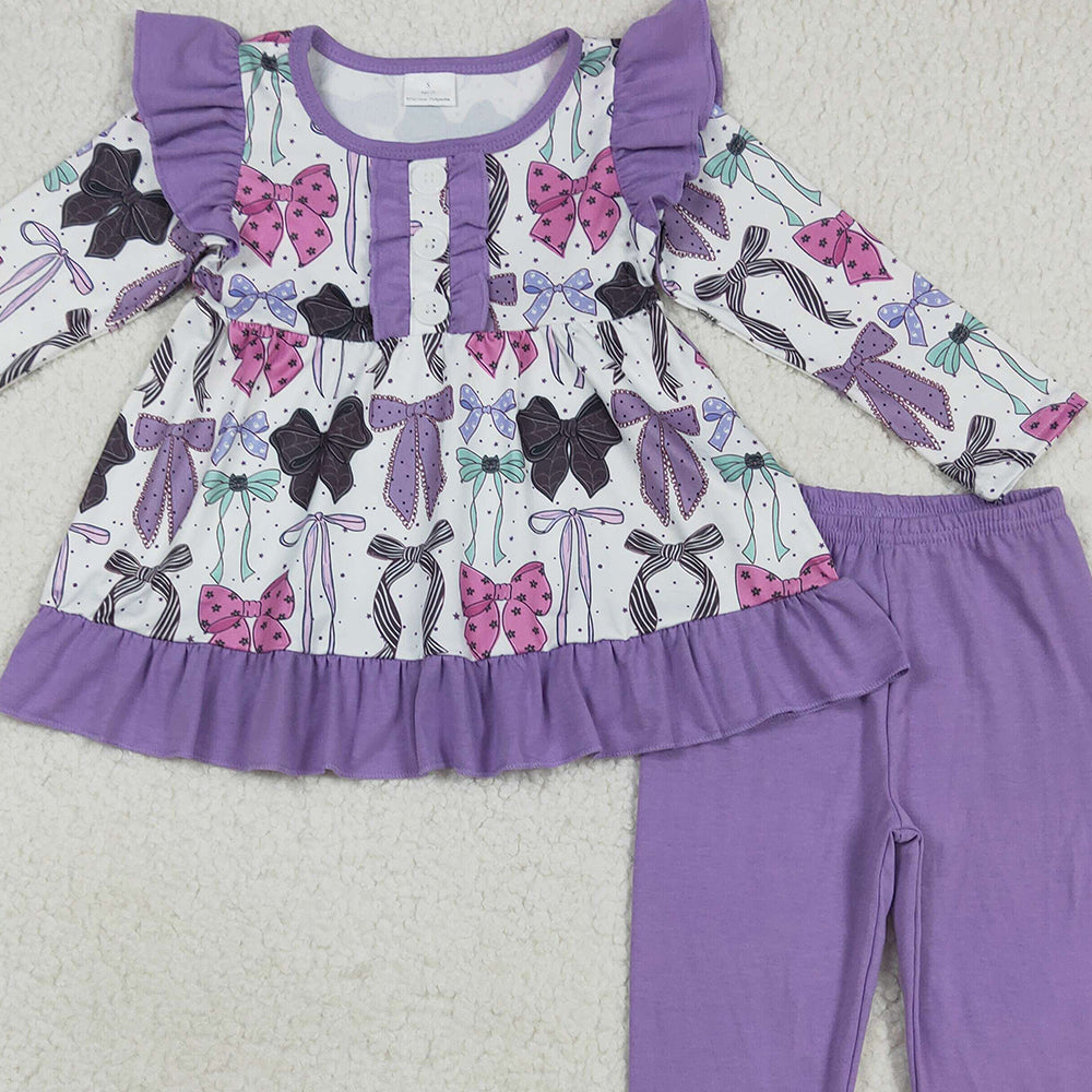 RTS NO MOQ （In stock） GLP2528 Baby Girls Winter Outfits Baby Girls Long Sleeves Purple Bows Button Top Legging Pants Sets