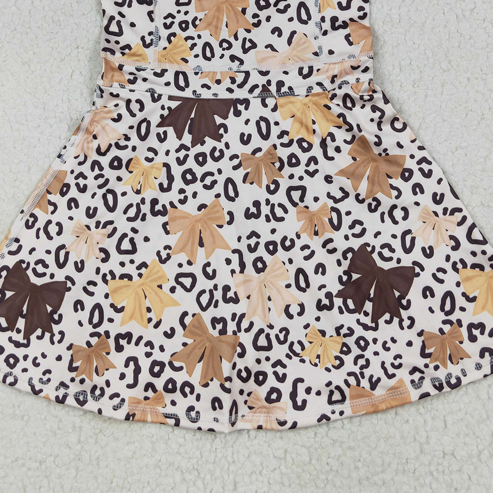 RTS NO MOQ （In stock）GSD2649 Baby Girls Summer Yoga Dress Baby Girls Strap Olive Bows Leopard Shorts Knee Length Dresses