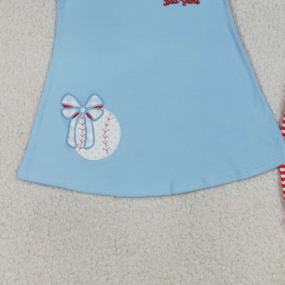 4.7 GSSO3245 RTS NO MOQ （In stock ）Embroidery Baseballs Bows Baby Girls Tunic Stripe Ruffle Shorts Team Clothes Sets