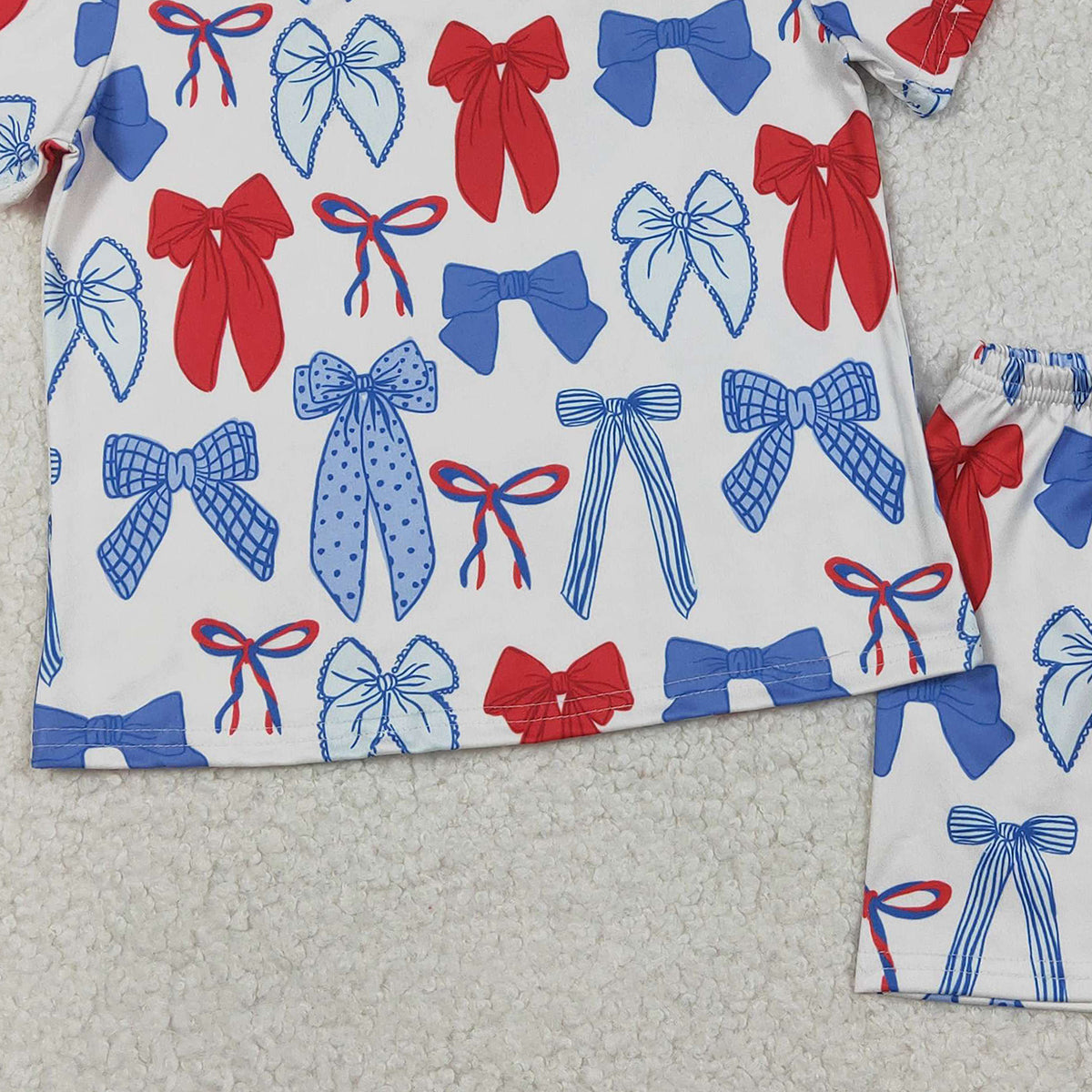 12.9 RTS NO MOQ （In stock）GSSO2772 Baby Girls Blue Red Bows Top Shorts 4th of July Pajamas Clothes Sets