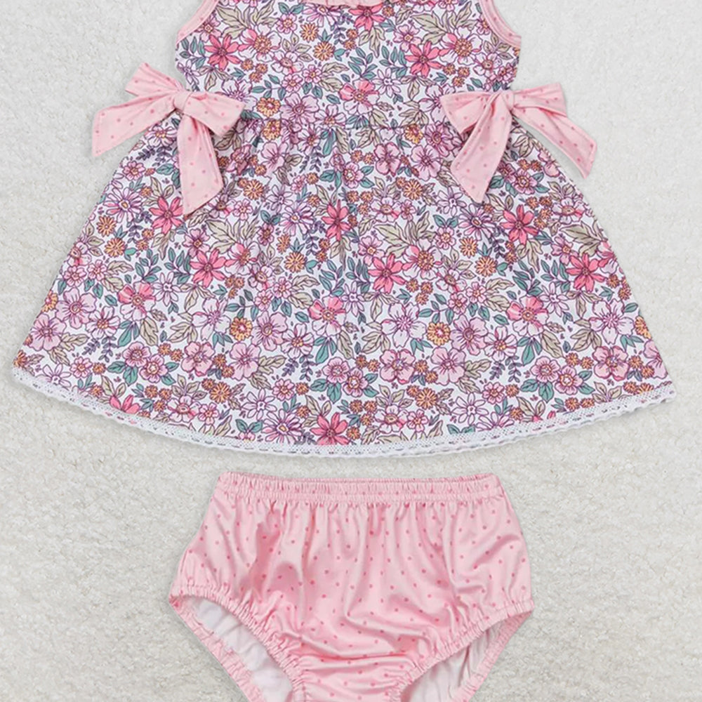 GBO0313RTS NO MOQ Baby Girls Summer Outfits  Baby Girls Pink Flowers Bows Tunic Top Bummies Clothes Sets