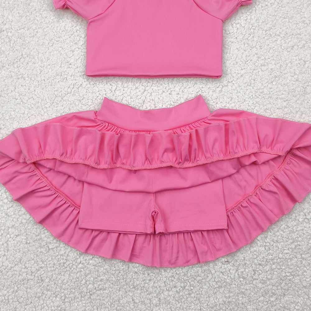 7.19 GSD2102 RTS NO MOQ Baby Girls Yoga Outfits Baby Girls Pink Yoga Shirt Skirt Active Wear Clothes Sets