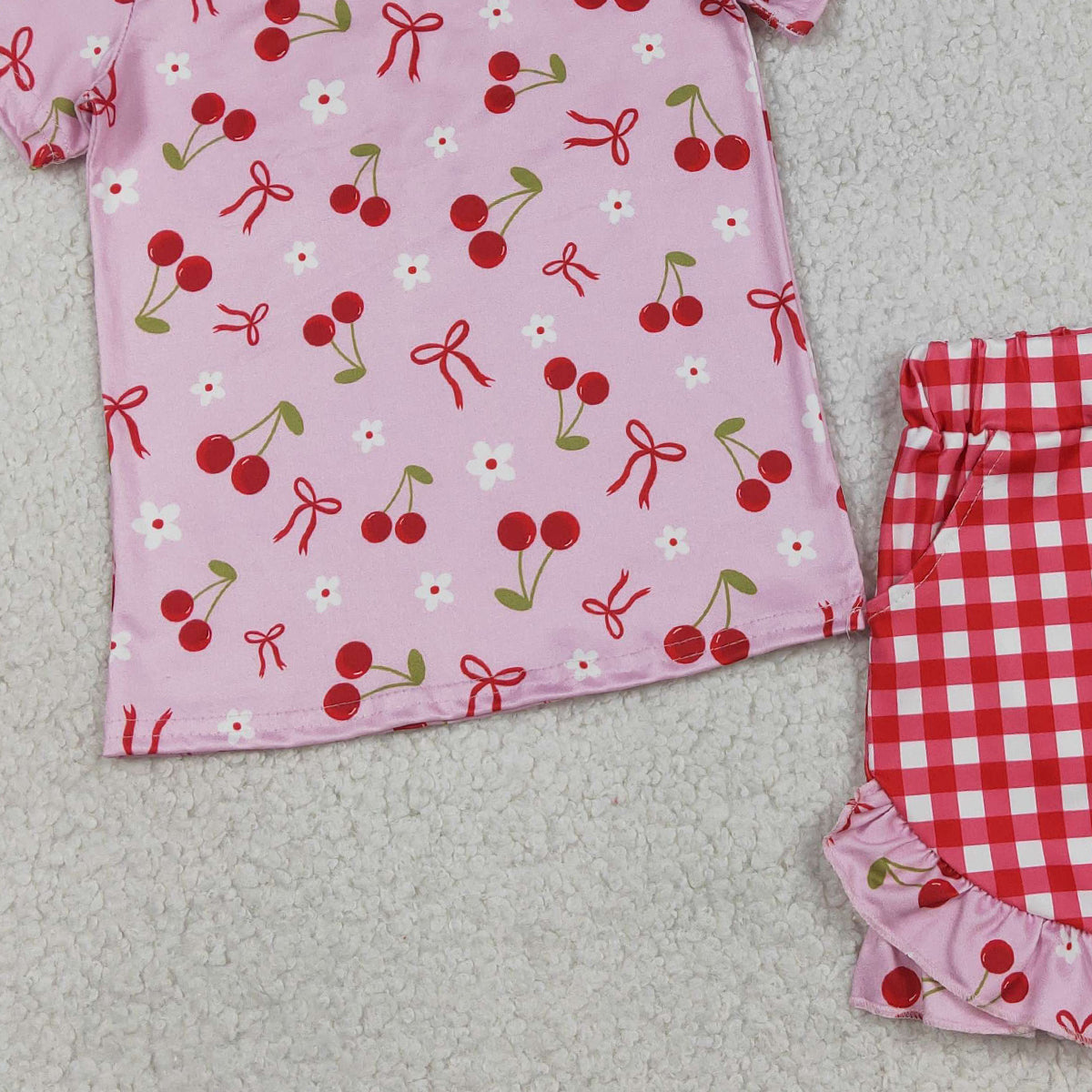 3.27 GSSO3470 RTS NO MOQ （In stock ）Short sleeves cherry bow top plaid shorts girls outfits
