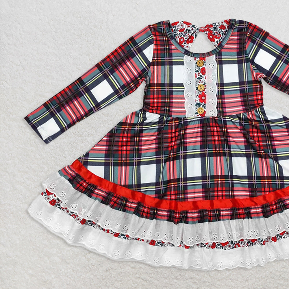 GLD0838RTS NO MOQ Baby Girls Winter Dress  Baby Girls Christmas Green Red Checkered Ruffle Knee Length Dresses