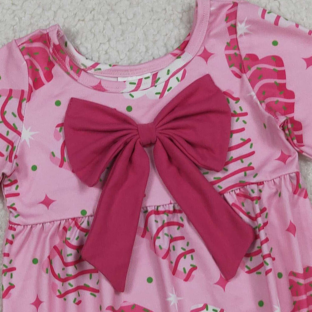 9.27 RTS NO MOQ （In stock）LR2586 Baby Girls Winter Rompers Baby Girls Pink Stripe Trees Stars Bow Top Christmas Ruffle Rompers