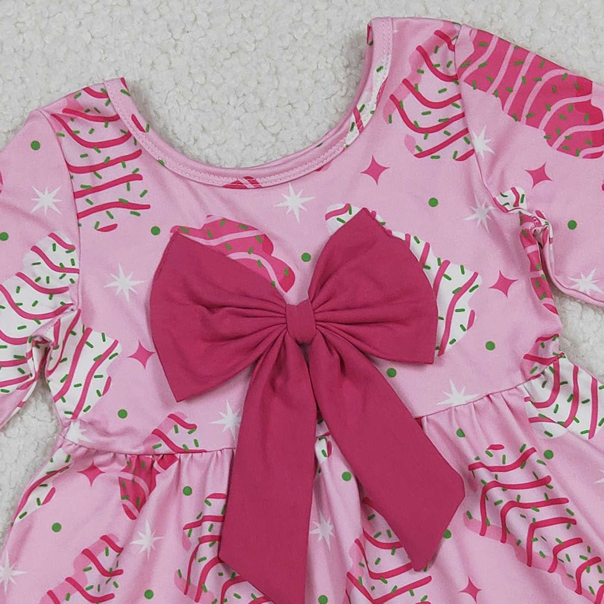 10.14 RTS NO MOQ （In stock）GLD1276 Baby Girls Winter Dress Baby Girls Pink Stripe Trees Stars Bow Christmas Ruffle Knee Length Dresses