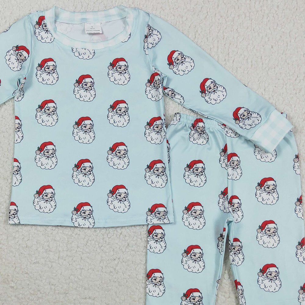 RTS NO MOQ （In stock）BLP1090 Baby Boys Winter Outfits Baby Boys Blue Christmas Santa Top Pants Pajamas Sets