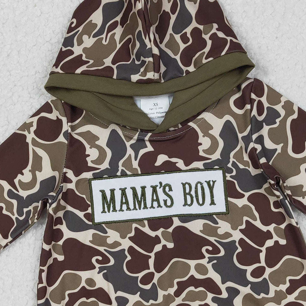 12.5 RTS NO MOQ （In stock）LR2791 Embroidery Mama's Boy Baby Boys Dark Khaki Camo Hoodie Rompers