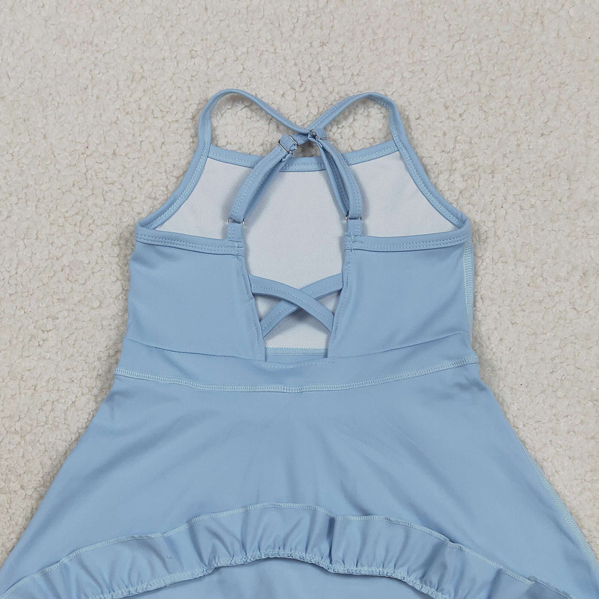 3.10 RTS NO MOQ （In stock）S0713 Kids Fashion Clothes Baby Girls Sleeveless Light Blue Strap Yoga Active Shorts Ruffle Knee Length Dresses