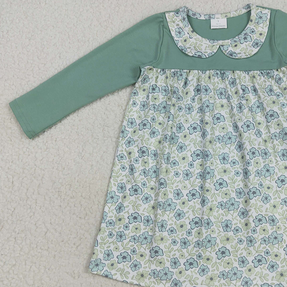 RTS NO MOQ （In stock）GLD1087 Baby Girls Winter Dress Baby Girls Aqua Long Sleeves Flowers Plaid Knee Length Dresses
