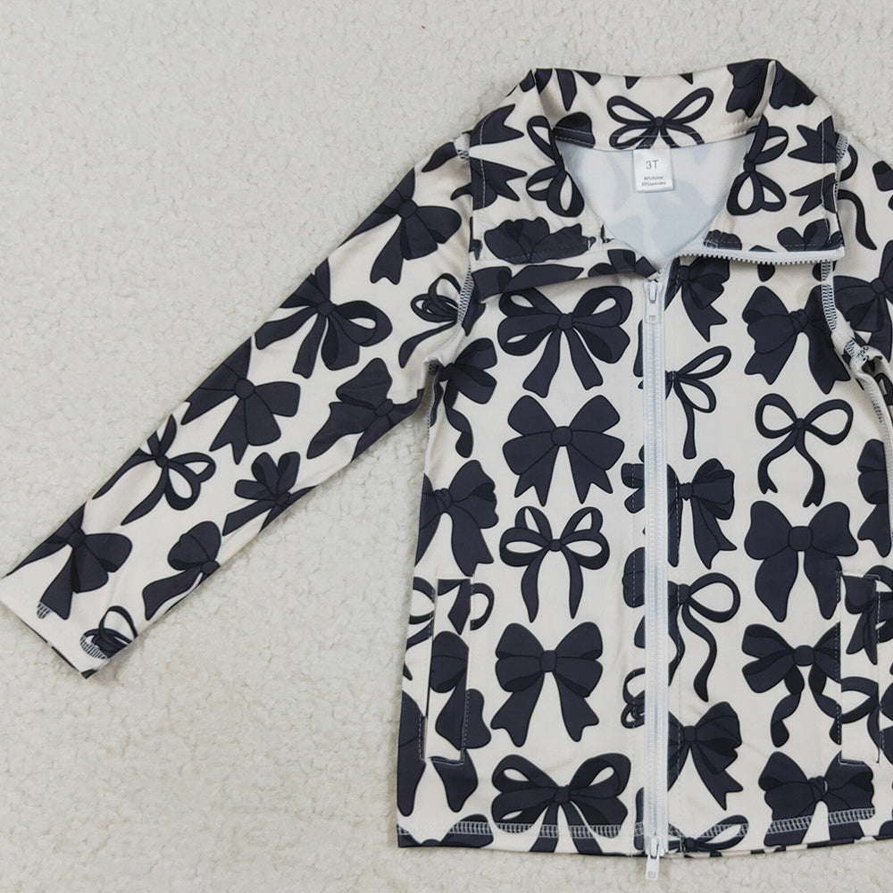 RTS NO MOQ （In stock）GT1084 Baby Girls  Yoga Tops Baby Girls Long Sleeves Black Bows Zipper Pockets Yoga Jacket Tops