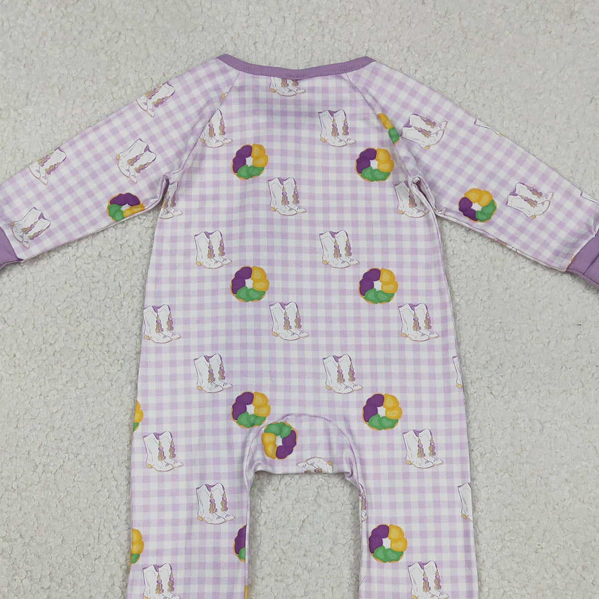 12.10 RTS NO MOQ （In stock）LR2783 Baby Girls Winter Rompers Baby Girls Mardigras Boots Donuts Checked Two Way Ruffle Zip Convertible Rompers