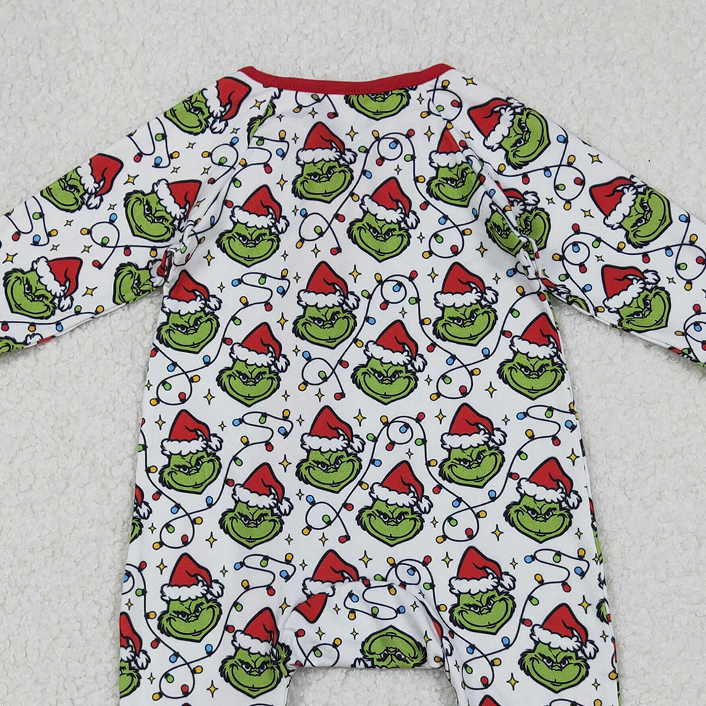 RTS NO MOQ （In stock）LR2574 Baby Boys Winter Rompers Christmas Lights Green Face Plaid Zipper Footie Rompers