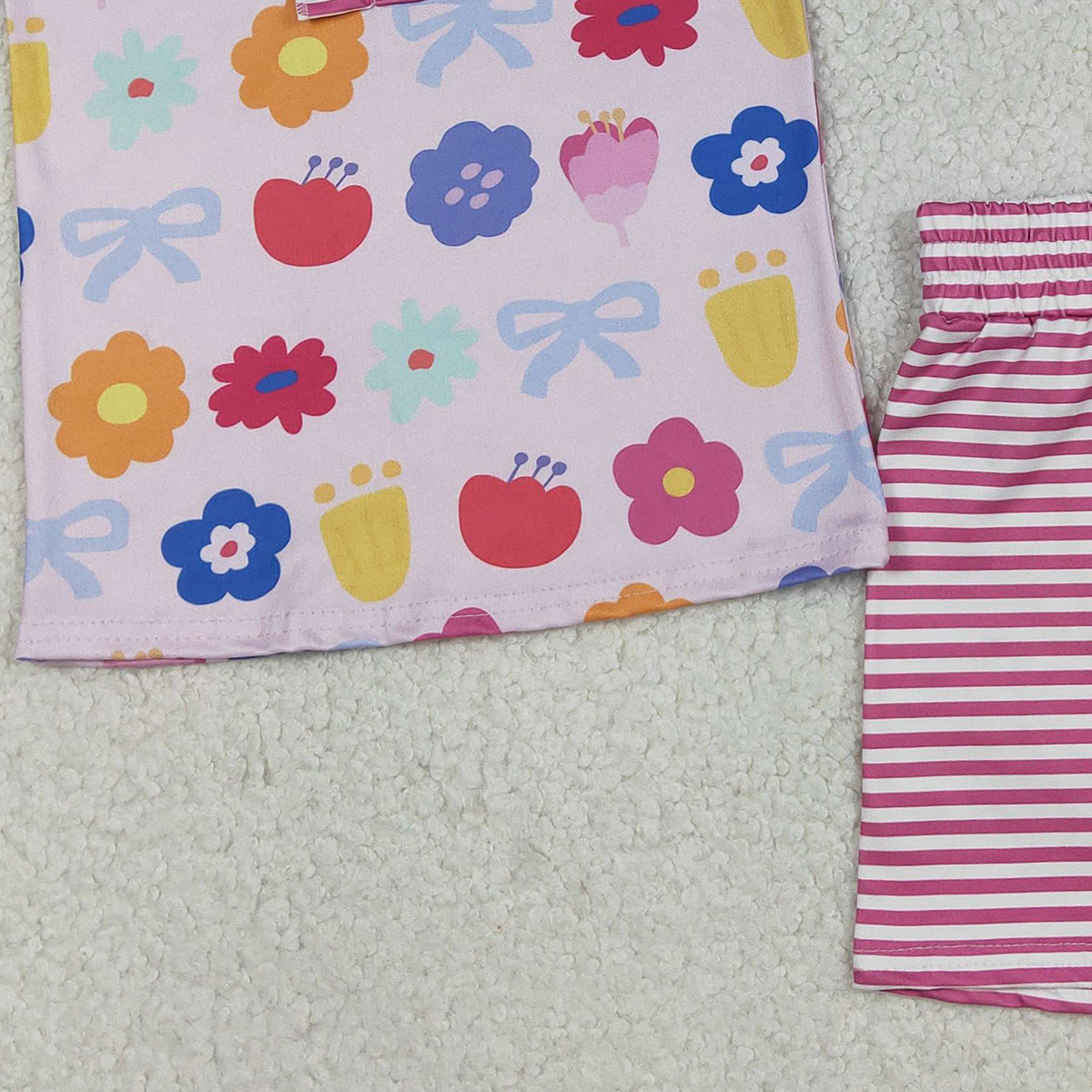 12.4 RTS NO MOQ （In stock）GSSO2830 Baby Girls Colorful Flowers Button Top Stripe Shorts Clothes Sets