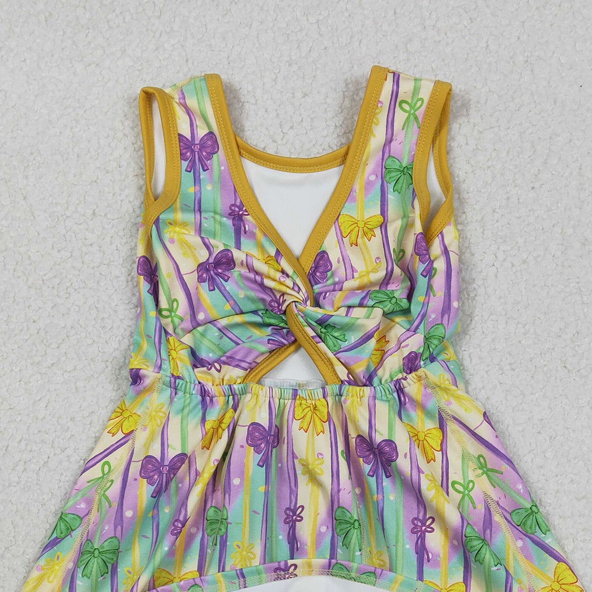 12.19 RTS NO MOQ （In stock）GSD2948 Baby Girls Mardigras Bows Stripe Yoga Active Shorts Knee Length Dresses