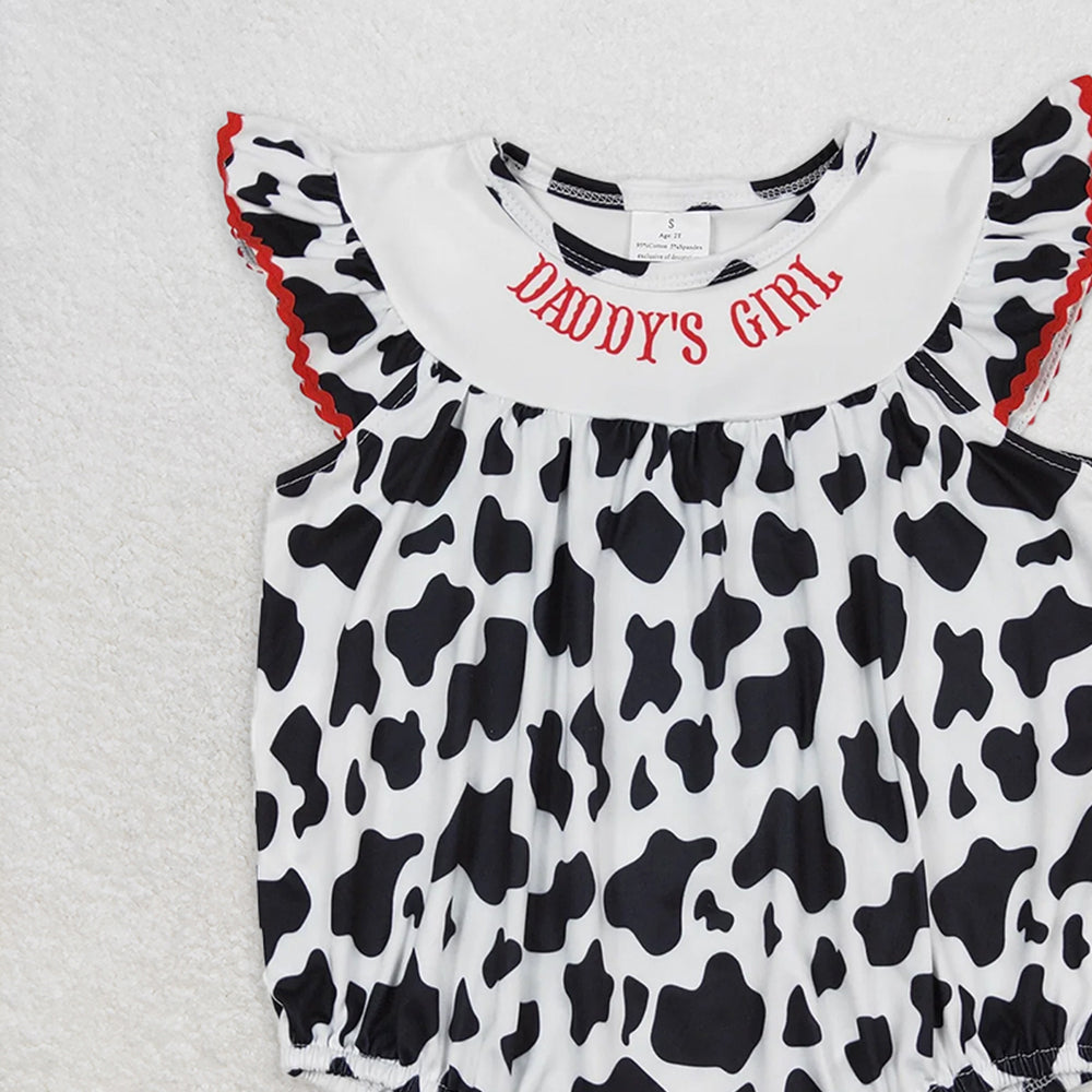 SR1146  RTS NO MOQ Baby Girls Summer Rompers Baby Infant Girls Daddy's Girl Black Cow Print Rompers