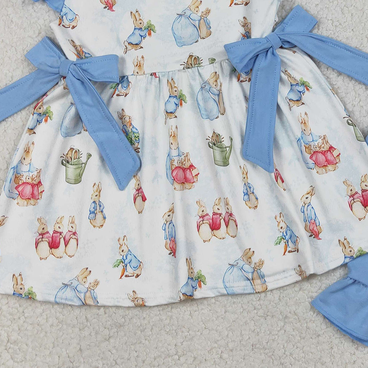 1.14 RTS NO MOQ （In stock）GSSO3055 Baby Girls Flutter Sleeve Rabbits Bows Tunic Ruffle Shorts Easter Clothes Sets