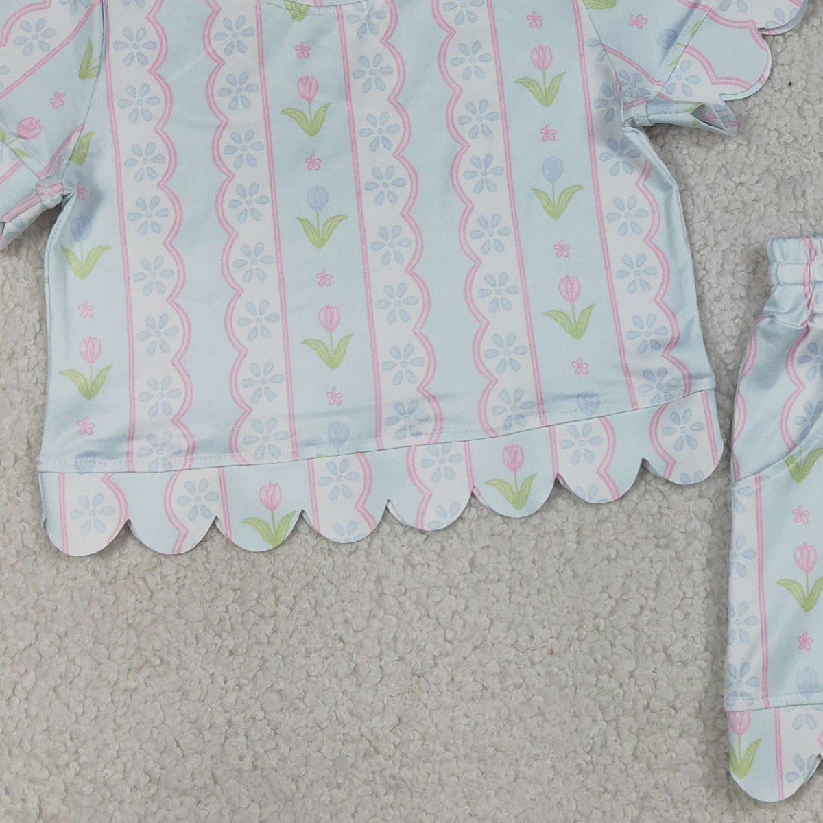 4.8 GSSO3412 RTS NO MOQ （In stock）Short sleeves light blue floral scallop kids girls summer outfits
