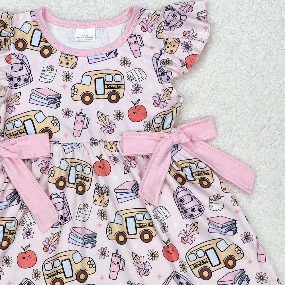 GSD1819Girls Back to School Dress with Flutter Sleeves Apple Pencil Book Print Cute Casual Fashion for Women