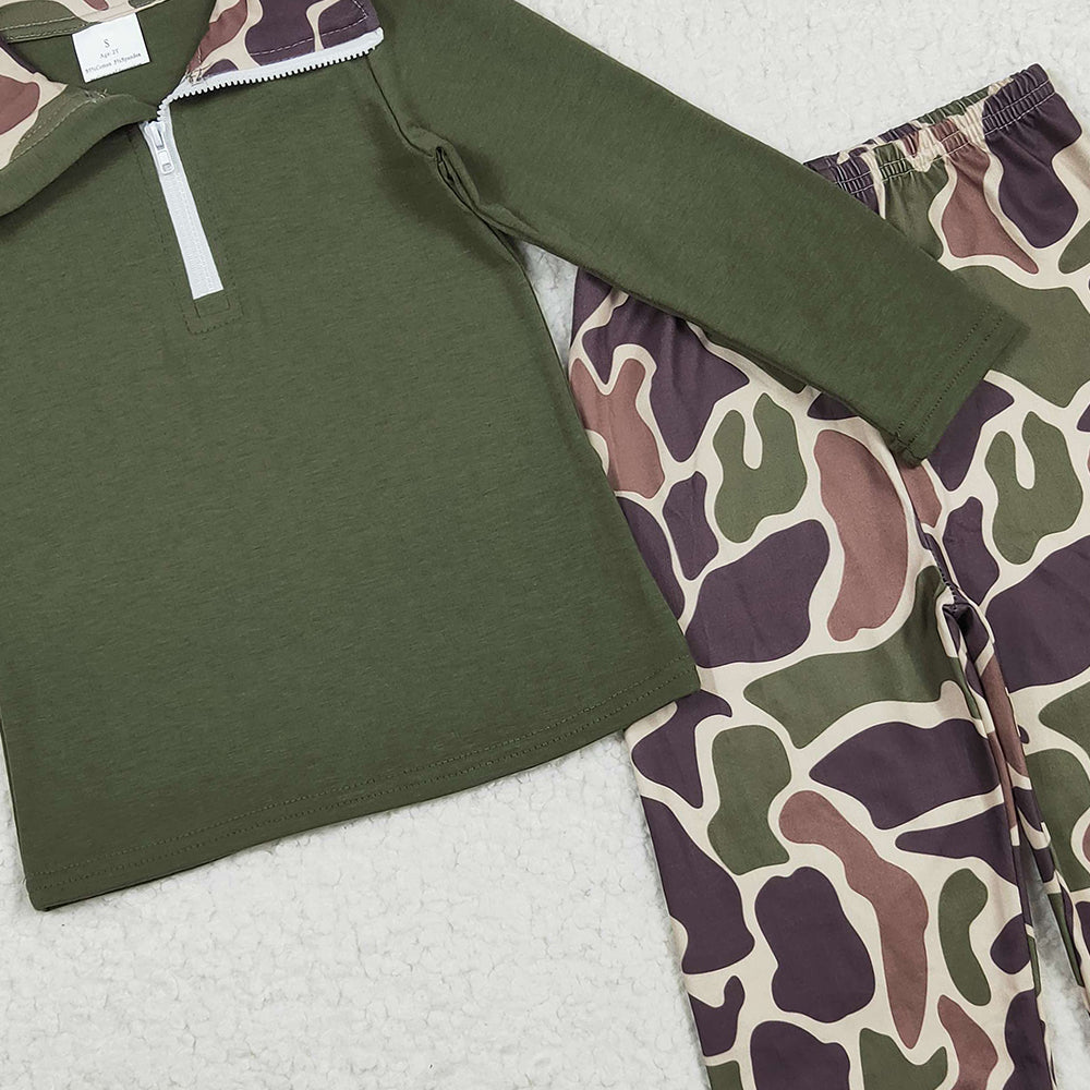 RTS NO MOQ （In stock）BLP1138 Baby Boys Winter Outfits Baby Boys Dark Green Long Sleeves Zipper Top Camo Pant Western Set