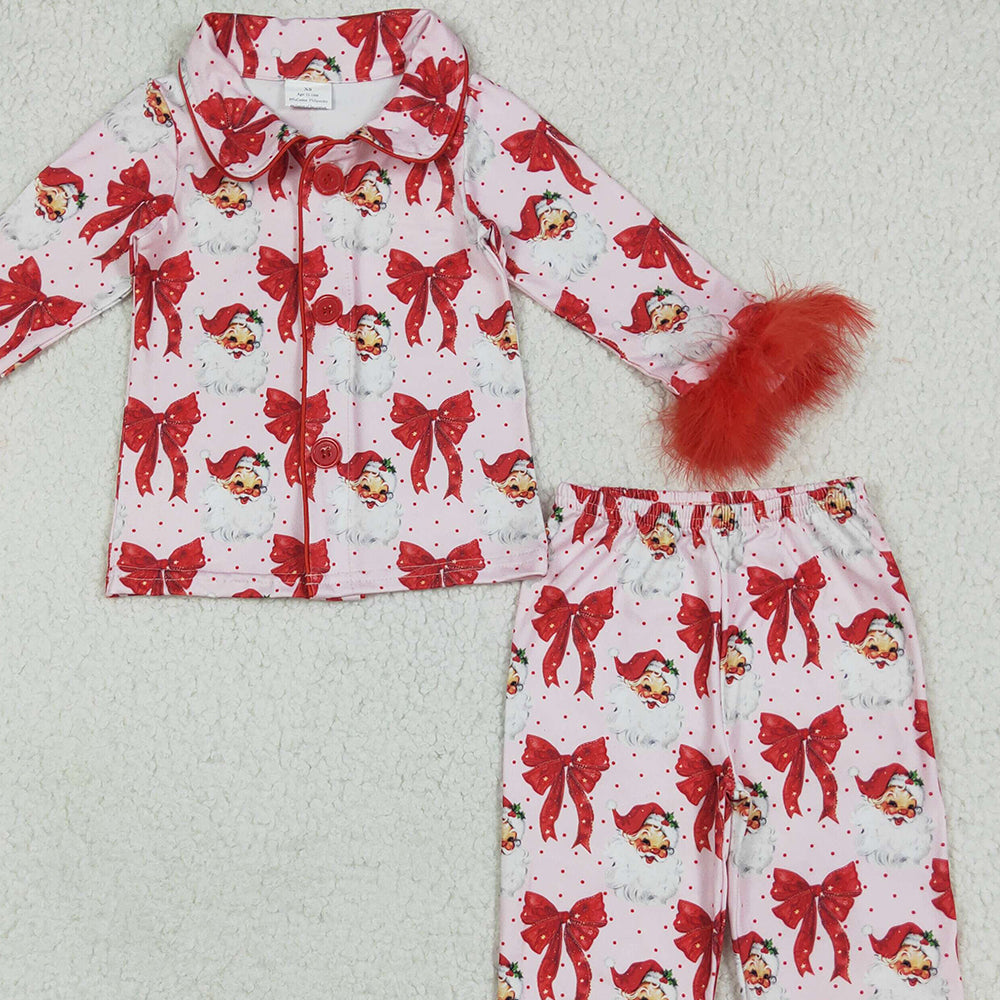 GLP2373 RTS NO MOQ Baby Girls Winter Outfits Baby Girls Red Christmas Fur Bows Santa Button Top Pants Pajamas Sets