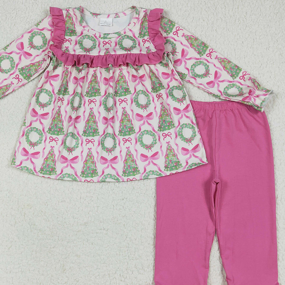 RTS NO MOQ （In stock） GLP2339  Baby Girls Winter Outfits Baby Girls Long Sleeves Trees Bows Tunic Ruffle Pant Set