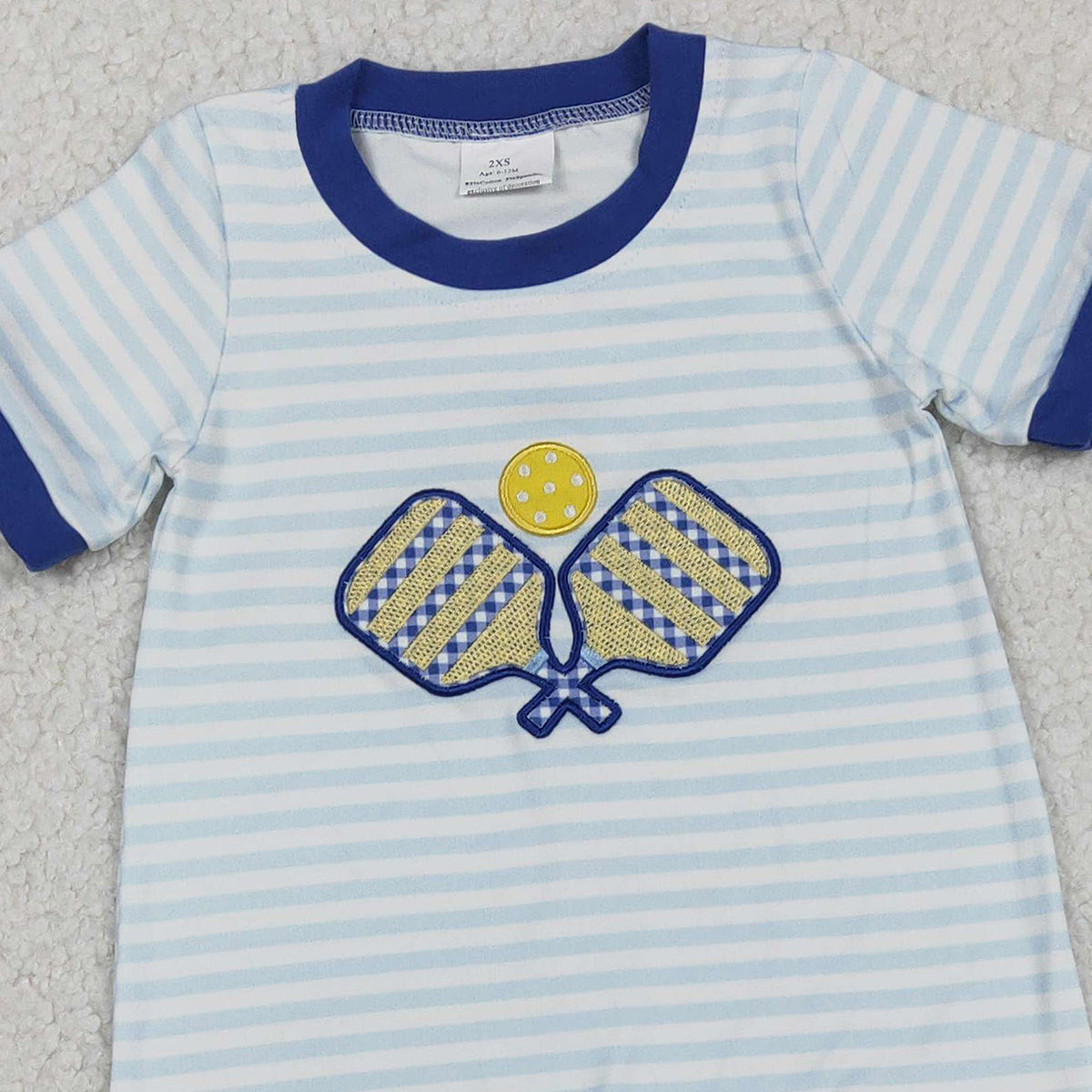 12.2 RTS NO MOQ （In stock）SR3331 Baby Boys Rompers Embroidery Tennis Balls Baby Boys Stripe Team Footie Rompers