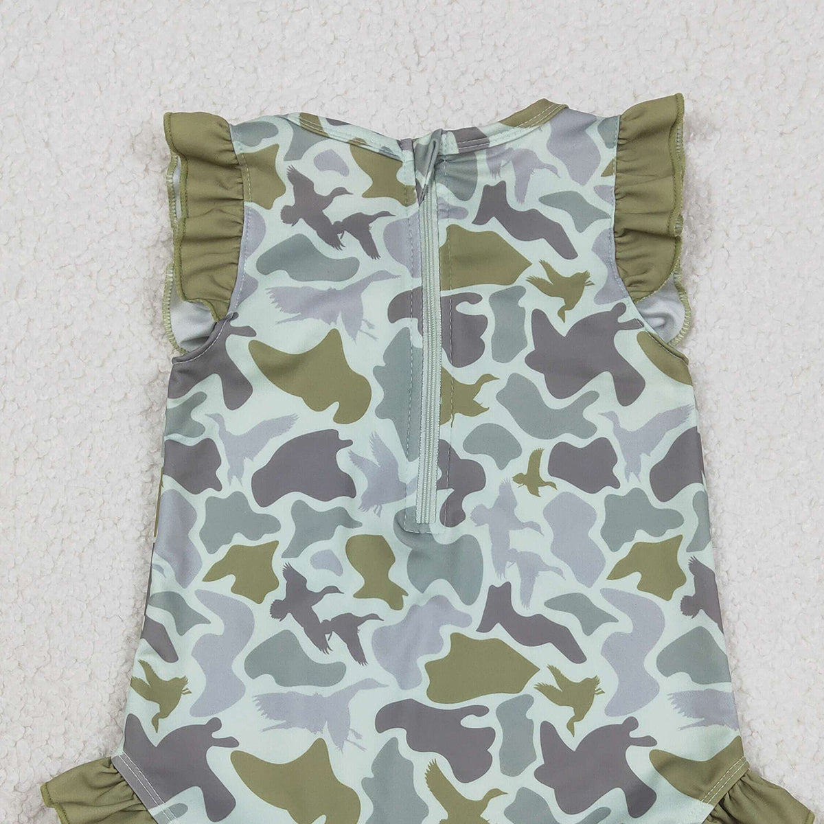1.9 RTS NO MOQ （In stock）S0596 Baby Girls Southern Hunting Green Ducks Camo Ruffle Swimsuits