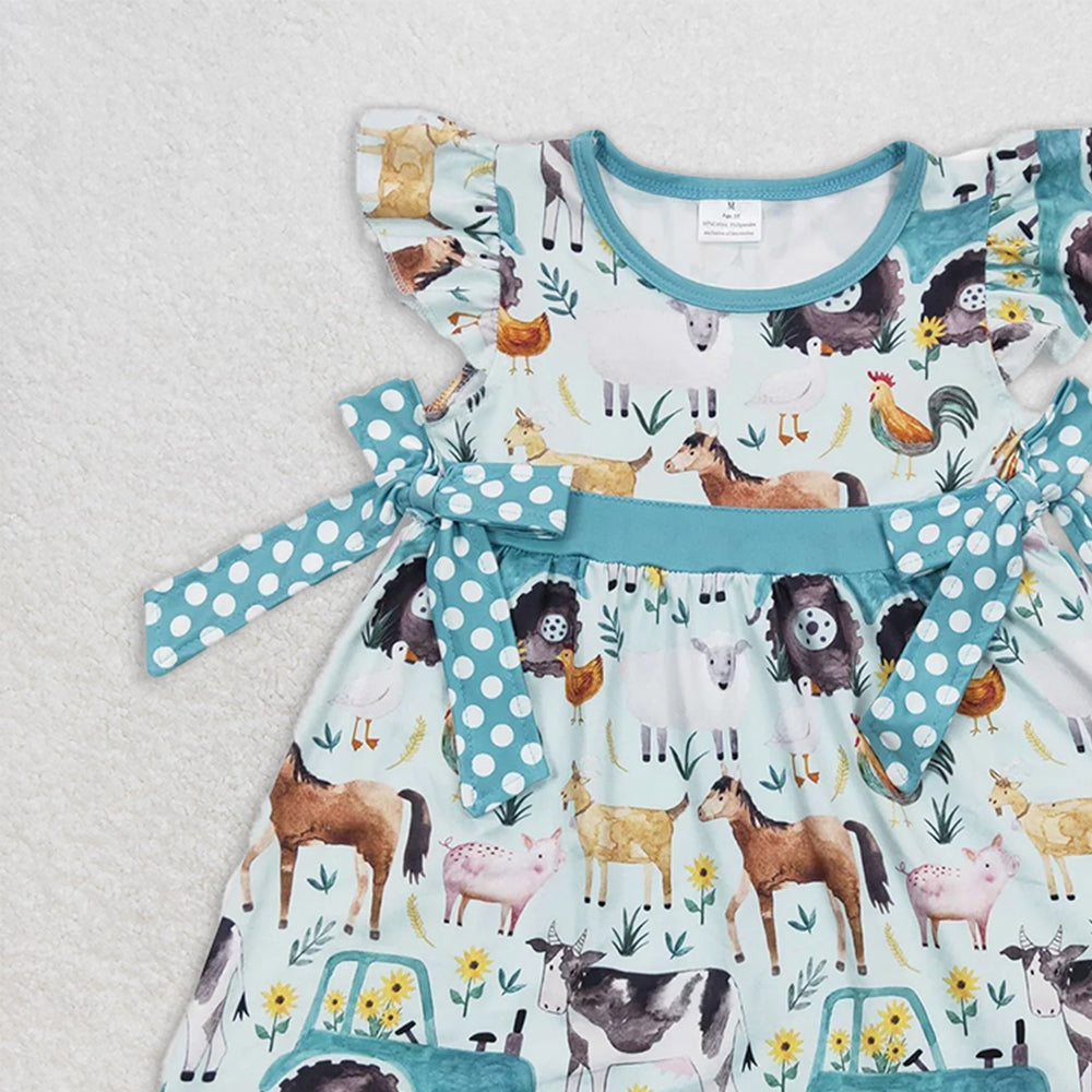 GSD0162 RTS NO MOQ Baby Girls Summer Dress Girls farm car cow horse pig chicken flying sleeve dress