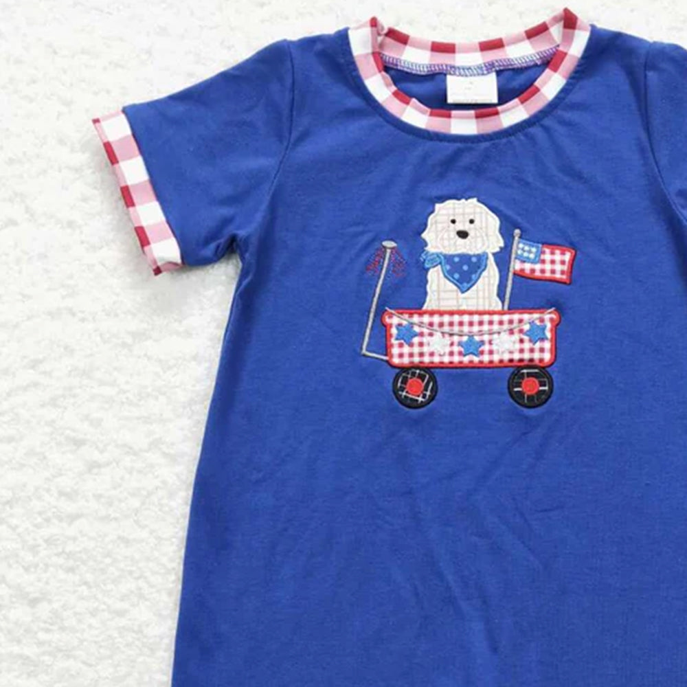 6.03  New Rts No Moq 8-9 Days By Air Arrived it Blue Short-Sleeved Baby Boy Onesie 4th of July Dog Print Outfit Set for Boys under 3 Years Old