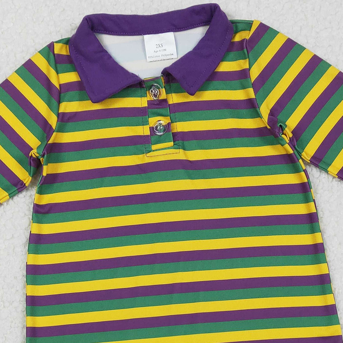 12.12 RTS NO MOQ （In stock）LR2679 Baby Girls Winter Rompers Baby Girls Purple Yellow Green Stripe Button Mardigras Button Footie Romper