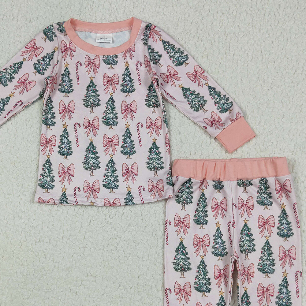 8.14 GLP2423RTS NO MOQ Baby Girls Winter Outfits Baby Girls Pink Long Sleeves Bows Trees Top Pant Pajamas Set