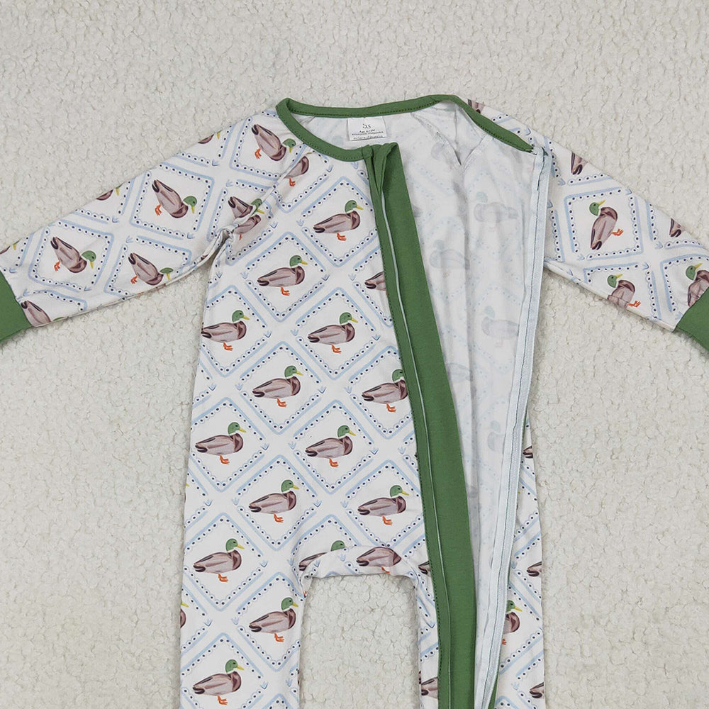 USA Shop (in stock)LR2269 Baby Girls Winter Rompers Baby Girls Long Sleeves Green Ducks Plaid Zipper Rompers