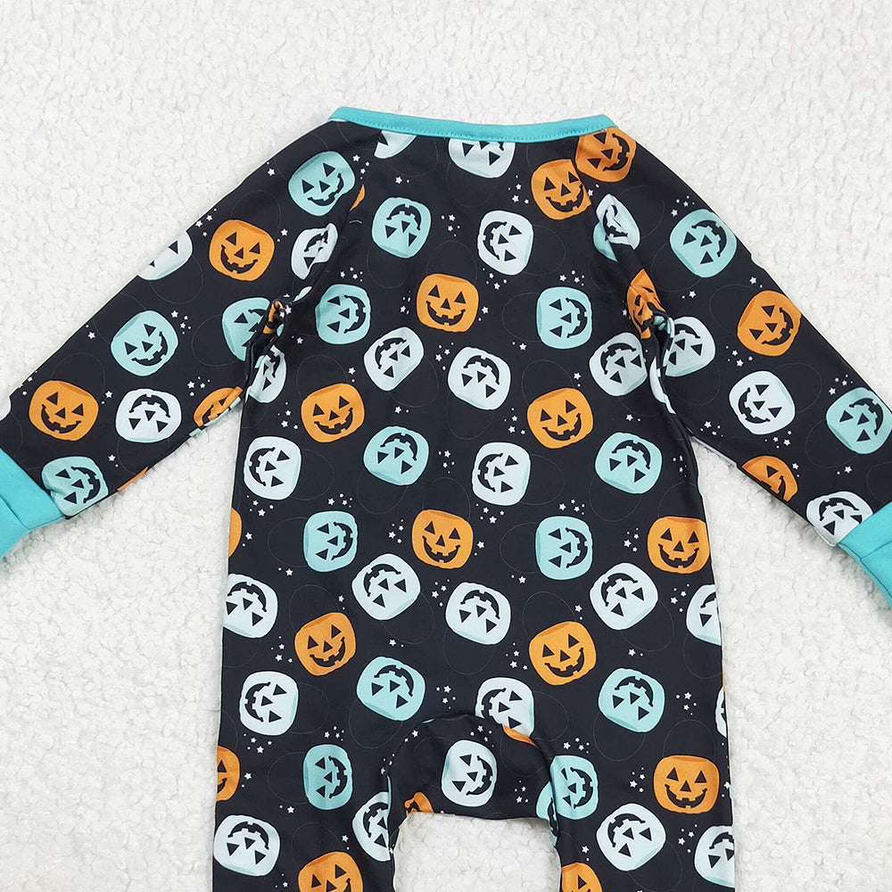 RTS NO MOQ （In stock）LR2465 Baby Boys Winter Rompers Baby Boys Ghost Pumpkins Fall Zipper Footie Rompers
