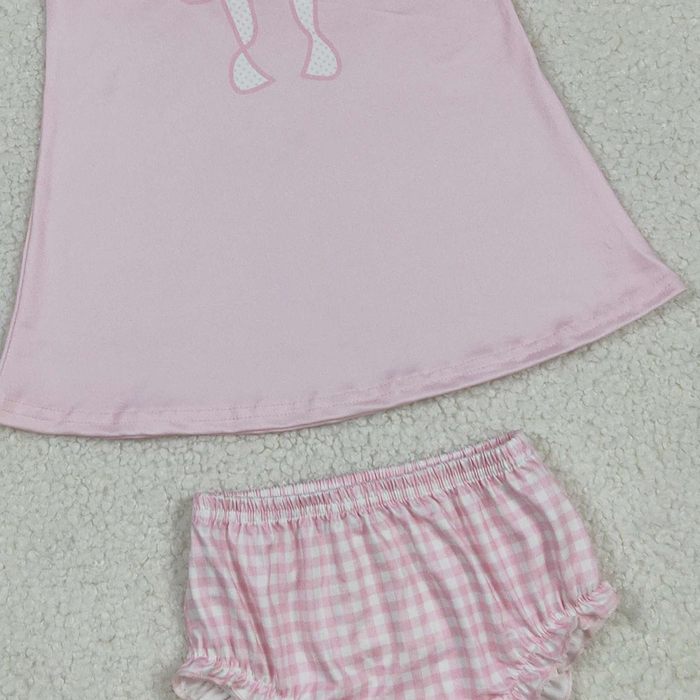 RTS NO MOQ （In stock）GBO0469 Baby Girls Summer Outfits Baby Girls Light Pink Sleeveless Bow Tunic Bummies Clothes Set
