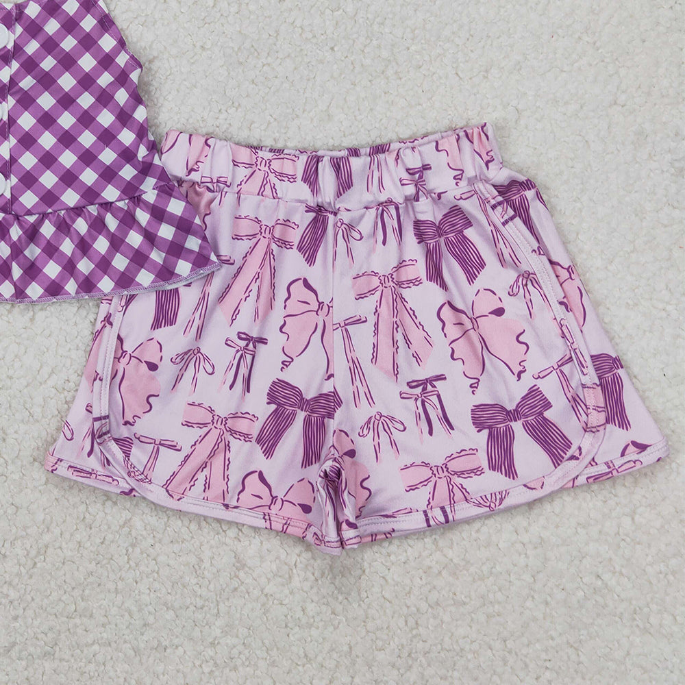 GSSO2035RTS NO MOQ Baby Girls Summer Outfits Baby Girls Purple Checkered Straps Top Bows Shorts Clothes Sets