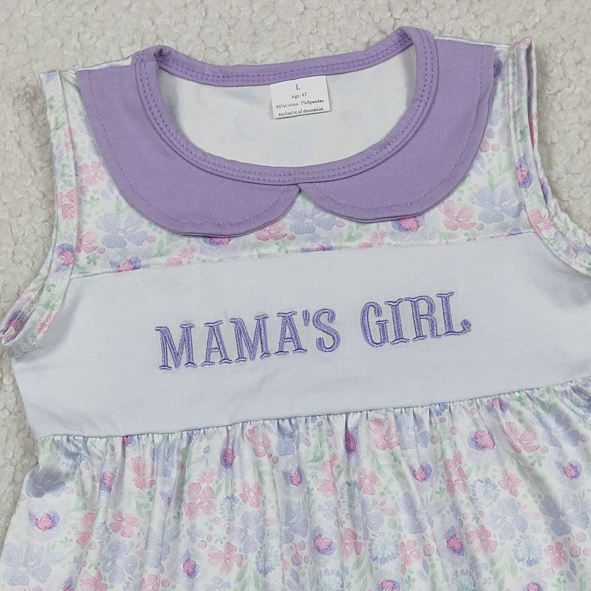 12.29 RTS NO MOQ （In stock）GSD3152 Embroidery Mama's Girl Lavender Floral Collar Knee Length Dresses