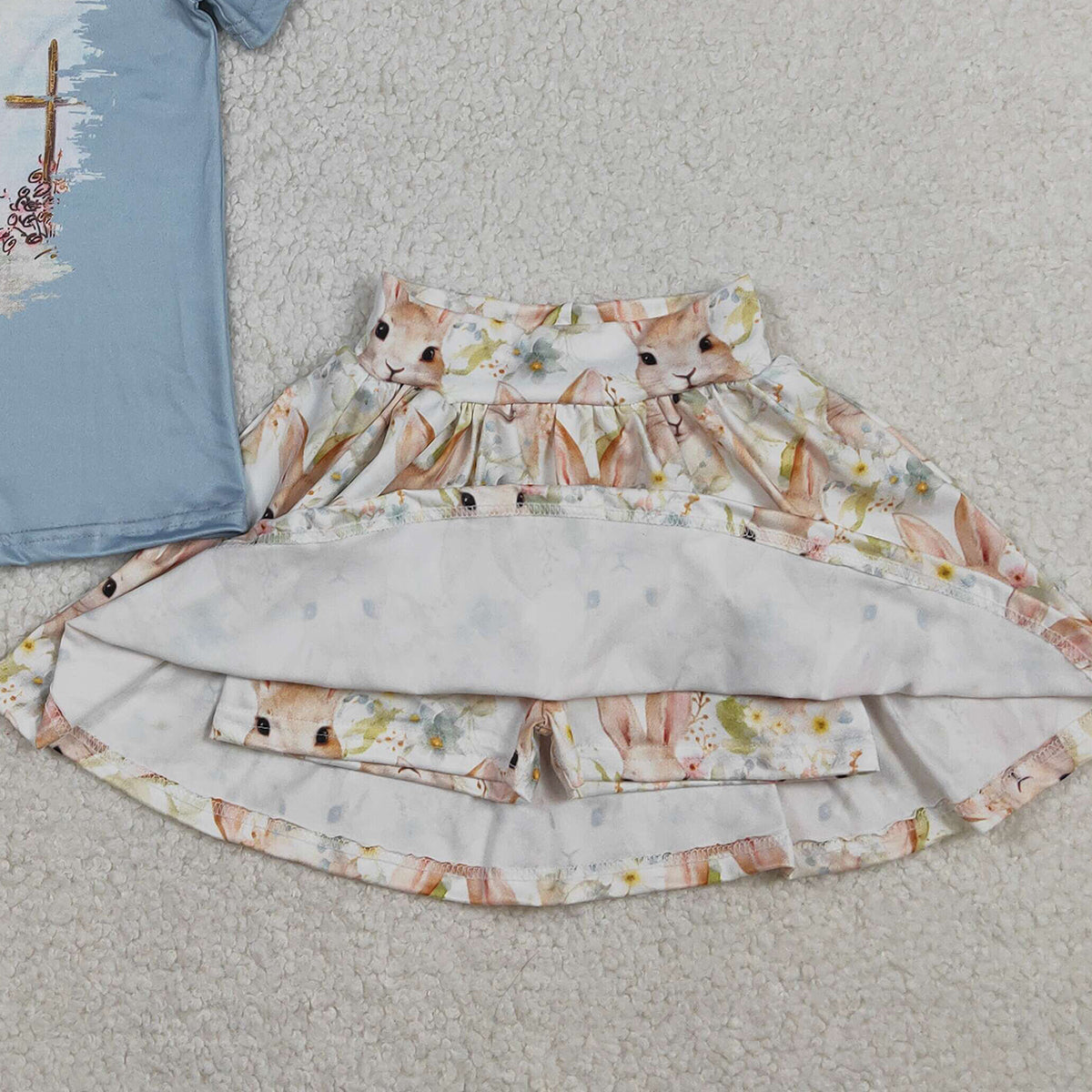 1.22 RTS NO MOQ （In stock）GSD3486 Baby Girls Short Sleeve Crosses Rabbit Top Skirt Shorts Easter Clothes Sets