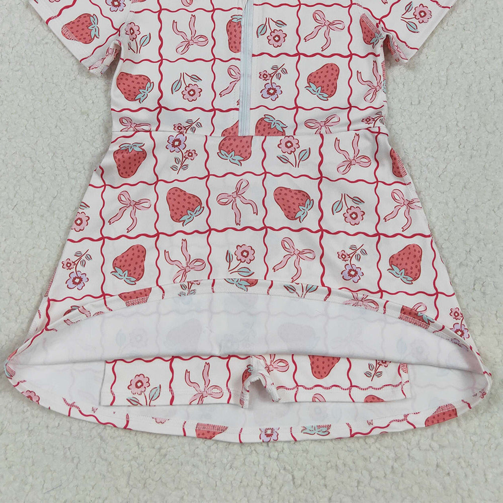 8.11  GSD2407RTS NO MOQ Baby Girls Summer Yoga Dress  Baby Girls Short Sleeves Bows Strawberry Zipper Knee Length Dresses