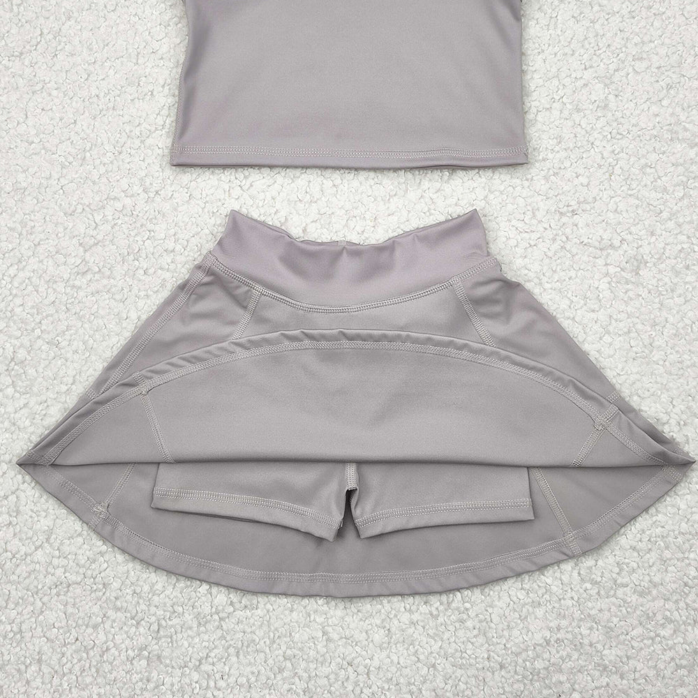 7.15  GSD1983 RTS NO MOQ Baby Girls Yoga Outfits Baby Girls Active Gray Sleeveless Top Pockets Skirt Yoga Set