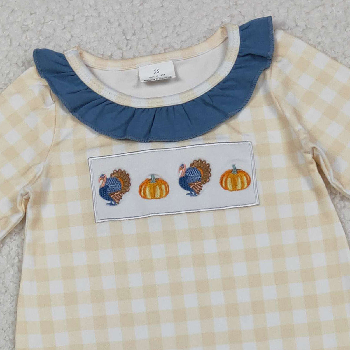 10.17 RTS NO MOQ （In stock）LR2438 Baby Girls Winter Rompers Embroidery Turkey Pumpkins Baby Girls Thanksgiving Ruffle Footie Rompers