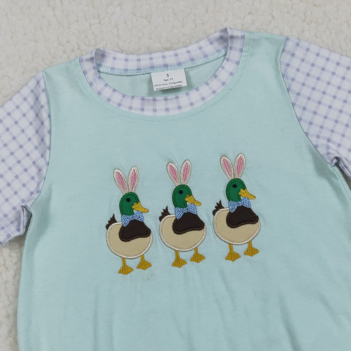 3.25 RTS NO MOQ （In stock）SR3893 Children's Fashion Romper Baby Boys Short Sleeve Embroidery Bunny Ducks Easter Hunting Rompers