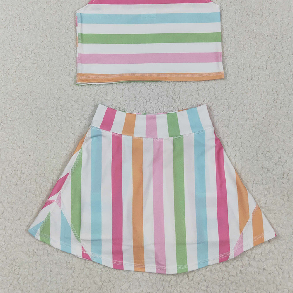 5.20   GSD2348RTS NO MOQ Baby Girls Yoga Outfits Sleeveless colorful stripe top skirt kids girls active wear