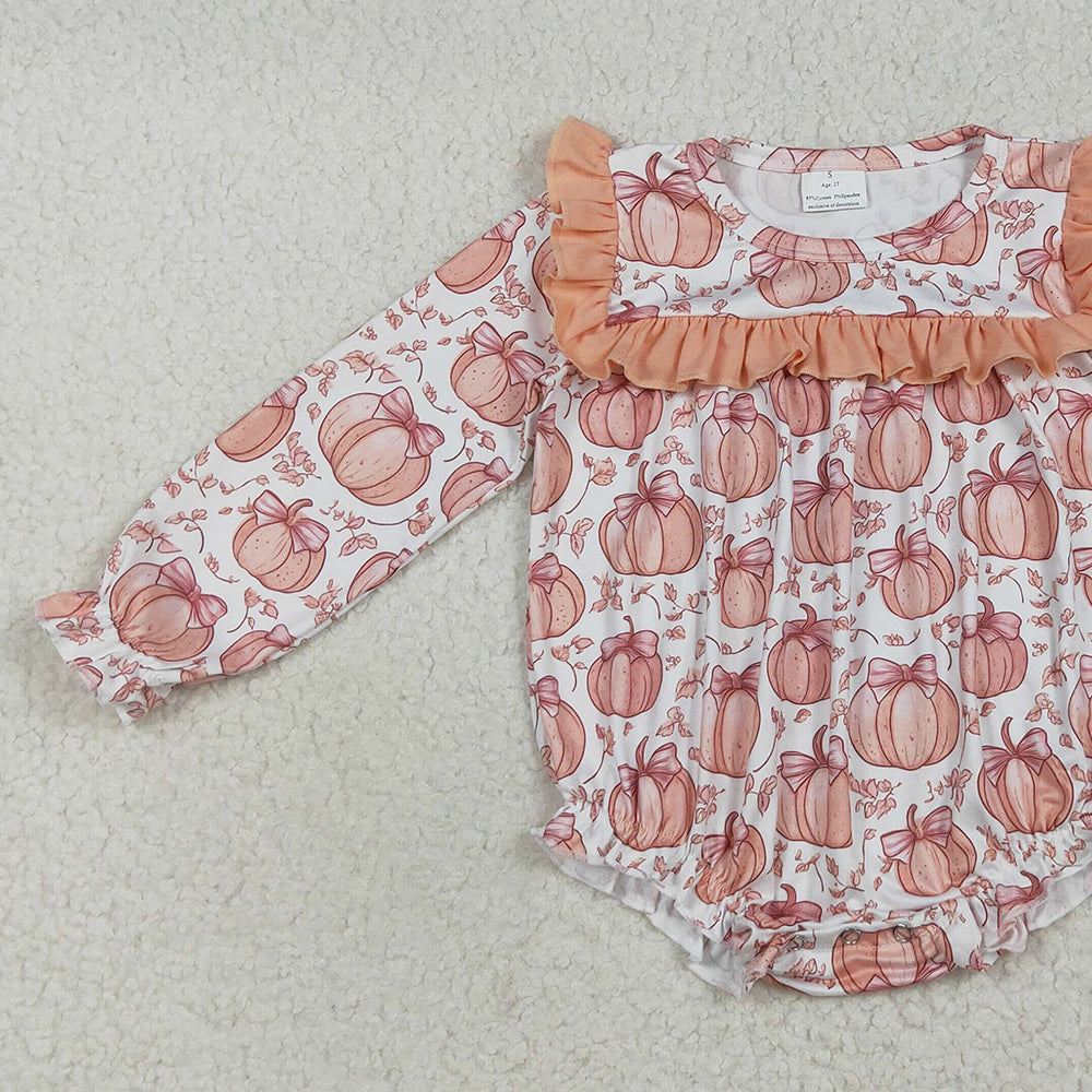 RTS NO MOQ （In stock）LR2295 Baby Girls Winter Rompers Baby Girls Long Ruffle Sleeves Bows Pumpkins Rompers