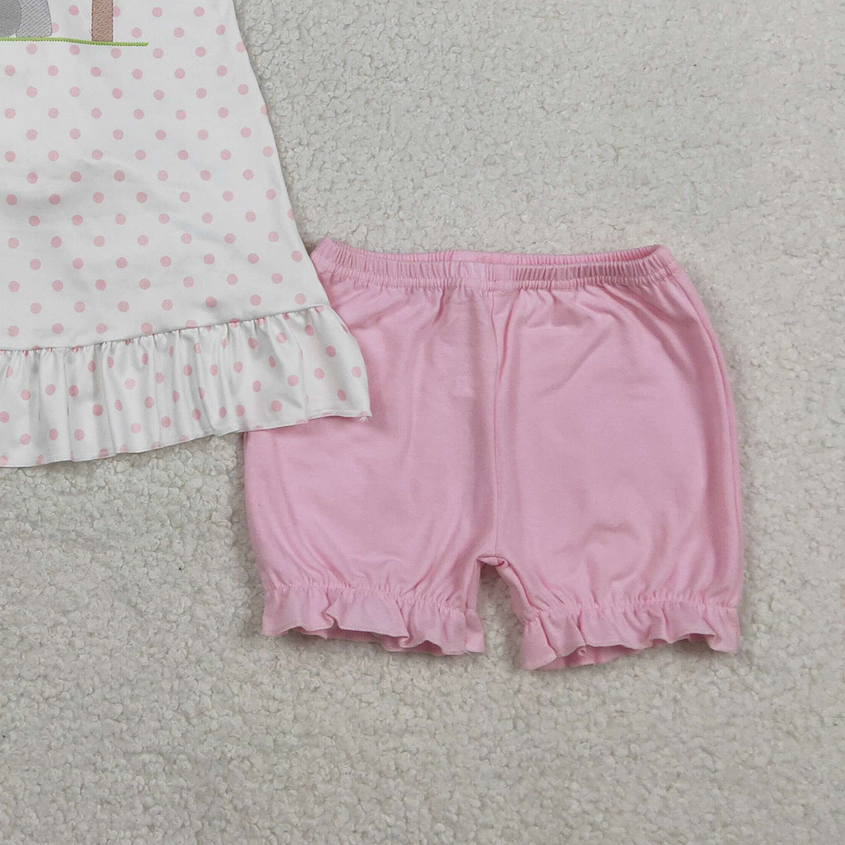 2.2 RTS NO MOQ （In stock）GSSO3018 Baby Girls Cross Polka Dots Back Bow Tunic Ruffle Short Easter Clothes Sets