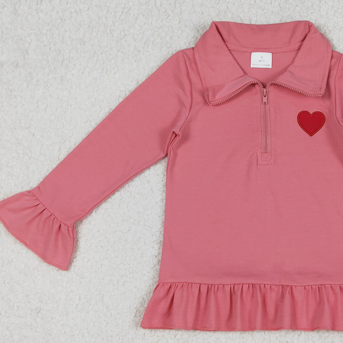 11.20 RTS NO MOQ （In stock）GT1271 Embroidery Hearts Baby Girls Long Sleeve Zipper Valentines Pullovers Top